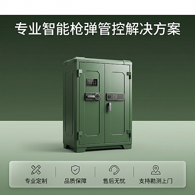 [主图主题] 智能枪弹柜服务承诺收尾图
[氛围/风格] 专业稳重，值得信赖
[画面元素] 智能枪弹柜整体放置在画面偏中下位置，完整展示产品外观，背景为干净军绿色渐变，顶部留白便于文字展示
[配色色系] 军绿色渐变背景，产品主体绿色，白色文字
[视角构图] 正面完整展示产品，主体居中
[文字版式] 顶部主标题“专业智能枪弹管控解决方案”，底部半透明悬浮条展示服务承诺“专业定制 | 品质保障 | 售后无忧 | 支持勘测上门”，图标+文字横向排列，字体无衬线，整体简洁专业，不遮挡产品主体
[比例分辨率] 2k分辨率