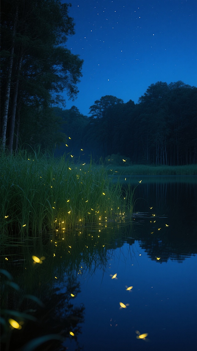 宁静的夏夜湖畔，湖面如镜倒映着深蓝色夜空与稀疏星辰，岸边茂密的绿色芦苇丛在微风中轻轻摇曳，无数散发着柔和暖黄色光芒的萤火虫在芦苇间、湖面上空飞舞闪烁，形成梦幻般的光点，周围环绕着高大挺拔的深色树木，枝叶在夜空中勾勒出朦胧的剪影，整体画面呈现出深邃幽静的氛围，光影柔和，色彩以深蓝、墨绿与暖黄为主，营造出神秘而治愈的自然夜景。