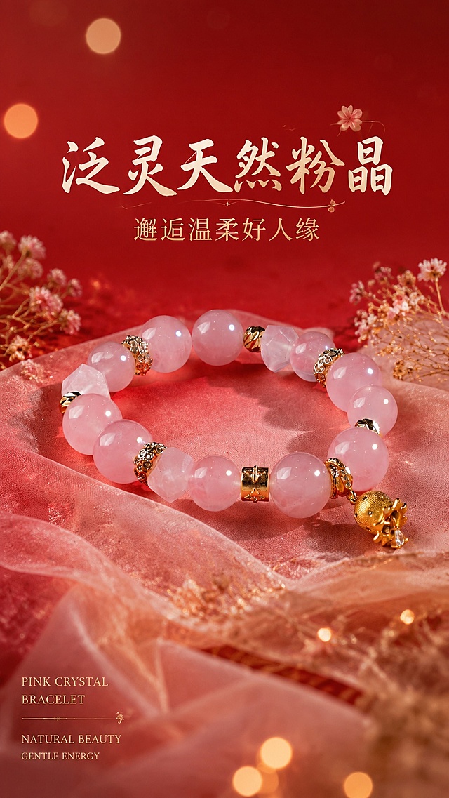 [第1屏] 详情页头图-泛灵粉水晶手串宣传氛围图。本屏使用【图1】作为商品主体。
[氛围/风格] 轻奢浪漫国风，雅致氛围感，商业摄影质感，细腻光影。
[元素布局] 粉水晶手串放置在画面中心偏上位置，占比约70%，手串下方搭配浅粉色柔纱作为衬景，周围点缀干花和暖金色光斑，背景使用渐变朱砂红色，保持手串珠子形状、金色配饰位置、粉水晶颜色与输入产品图完全一致。
[光影质感] 主光源来自左上方，柔和漫反射打亮水晶通透质感，右侧和下方留自然阴影，水晶切面带朦胧高光，提升整体高级感。
[配色色系] 全局底色渐变#D92121到#A81818；主色柔粉色水晶；辅助色浅金色配饰，浅粉色衬景。
[视角构图] 45度斜侧俯视视角，手串作为绝对视觉中心，阅读动线从上到下，主体突出层次清晰。
[文字版式] 上半部分留空放标题，主标题「泛灵天然粉晶」，副标题「邂逅温柔好人缘」，居中排布使用圆润雅致书法字体，主标题加粗，副标题浅金配色，文字不遮挡手串主体，下半部分点缀小尺寸浅金色英文装饰。
[比例分辨率] 9:16竖版比例，4K分辨率，文字清晰可辨，高清画质。
[负向提示词] 珠子变形，缺件错件，颜色偏差，水晶通透感失真，水印，文字错乱，文字过小，产品图模糊