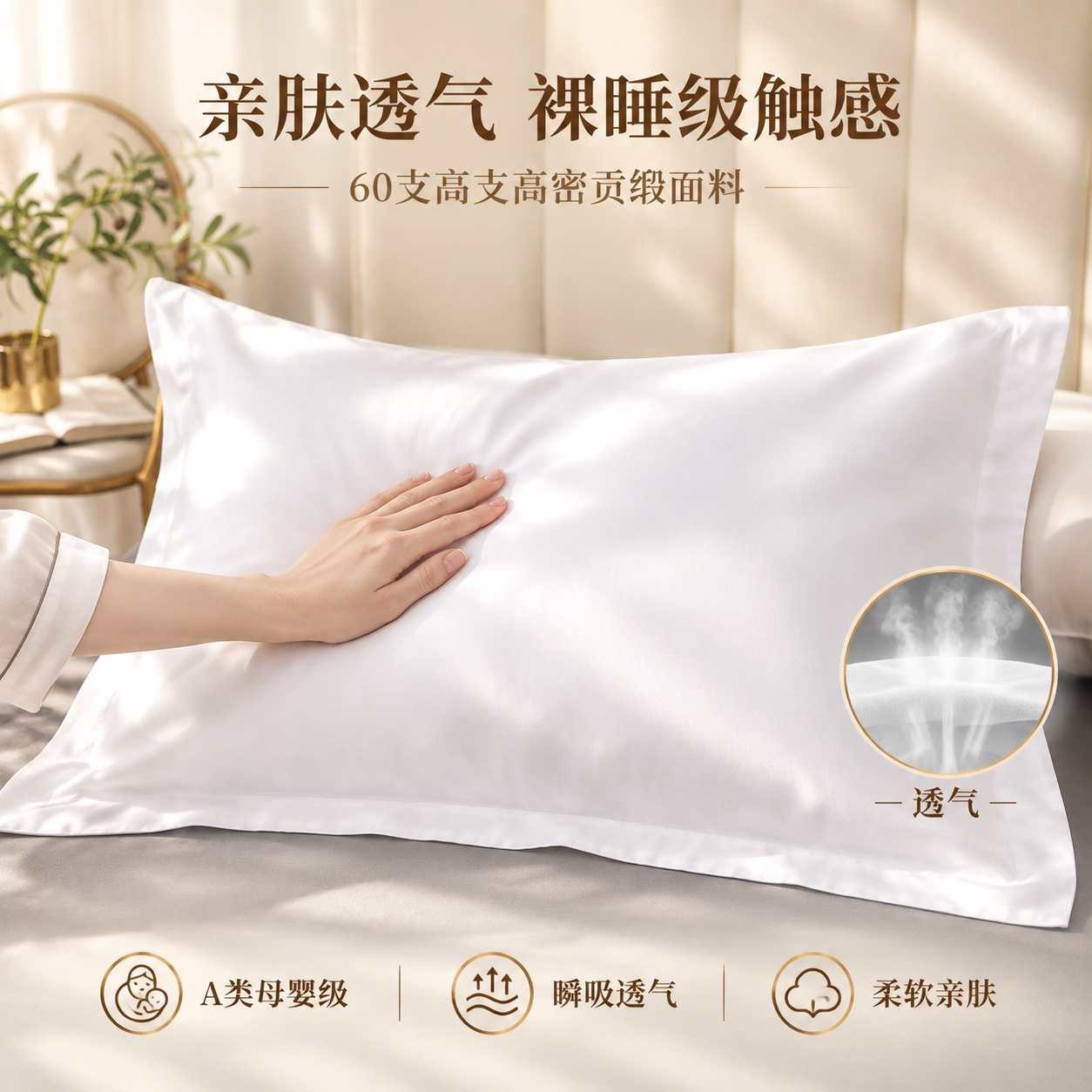 [主图-2] 酒店款纯白贡缎枕套 亲肤触感与透气 体验展示 [… - 图片创意预览