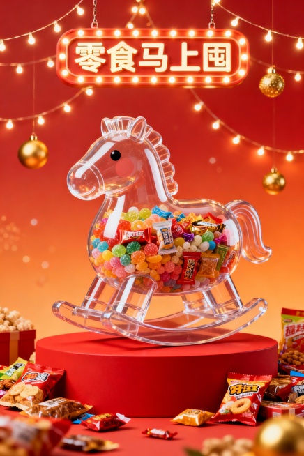 年货节主题的创意竖版宣传图，充满了马年和促销的氛围：主体是一个胖胖的透明的 “摇摇马” 容器，里面被各种糖果、小零食填满，整体造型呼应即将到来的马年。场景氛围：背景是红橙渐变的暖色调，搭配灯带、金色装预览效果
