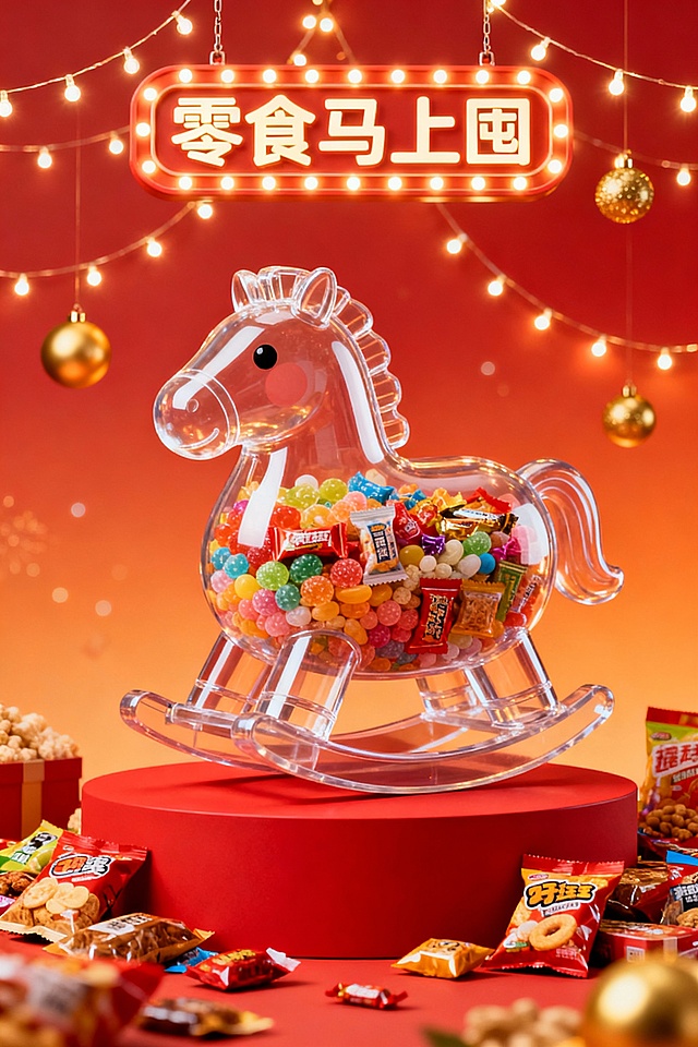 透明摇马盛满缤纷零食，搭配霓虹灯牌与节日彩灯，营造喜庆甜蜜的卡通趣味氛围。