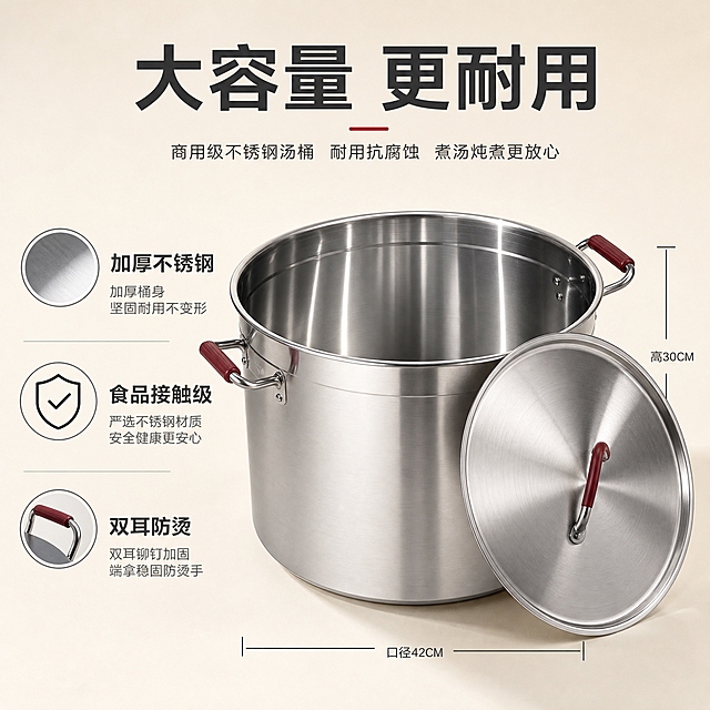 [主图-2] 不锈钢汤桶核心卖点图，突出大容量与加厚材质，证明产品价值。
[统一基调] 国内电商淘宝天猫风格，洁净通透、实用主义、商业摄影质感；主色为不锈钢银灰+浅米白背景，强调色为暗红（握把），字体为无衬线粗体中文，标题深灰、辅助文字浅灰。
[画面] 产品为口径42CM、高度30CM的圆柱形不锈钢汤桶，开盖状态，展示内部不锈钢内胆；产品略微侧转角度，占画面约55%；背景为浅米色干净背景；画面左侧垂直排列3个核心卖点图标+文字："加厚不锈钢"配材质纹理小图标、"食品接触级"配安全盾牌图标、"双耳防烫"配握把特写图标；每个卖点配简短说明词；顶部大标题"大容量 更耐用"。
[光影质感] 商业棚拍质感，侧逆光勾勒桶身边缘，内部内胆呈现均匀金属反光，拉丝纹理清晰可见，阴影柔和自然。
[配色] 银灰金属色为主，浅米色背景，暗红握把点缀，深灰色标题文字，图标用细线风格。
[文字版式] 顶部居中大标题"大容量 更耐用"粗体无衬线字；左侧三列卖点图标+短文字垂直排列，文字右对齐；所有文字不遮挡产品主体。
[输出要求] 1:1正方形，2048px，产品清晰锐利，文字清晰可读；负向：变形、错字、模糊、杂乱背景、水印、平台Logo、悬浮、穿模、卖点重复。
