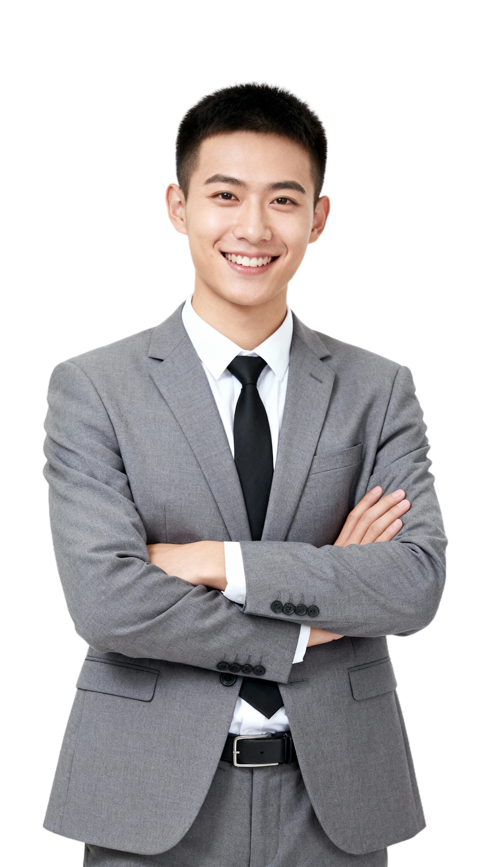年轻男性穿灰色西装套装（配白衬衫黑领带），短发利落，咧嘴微笑，… - 图片创意预览