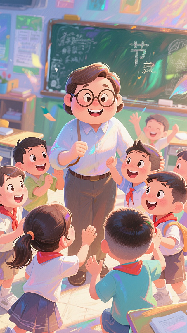 卡通感插画风，师生互动温馨场景，色彩明亮，节日氛围浓厚。