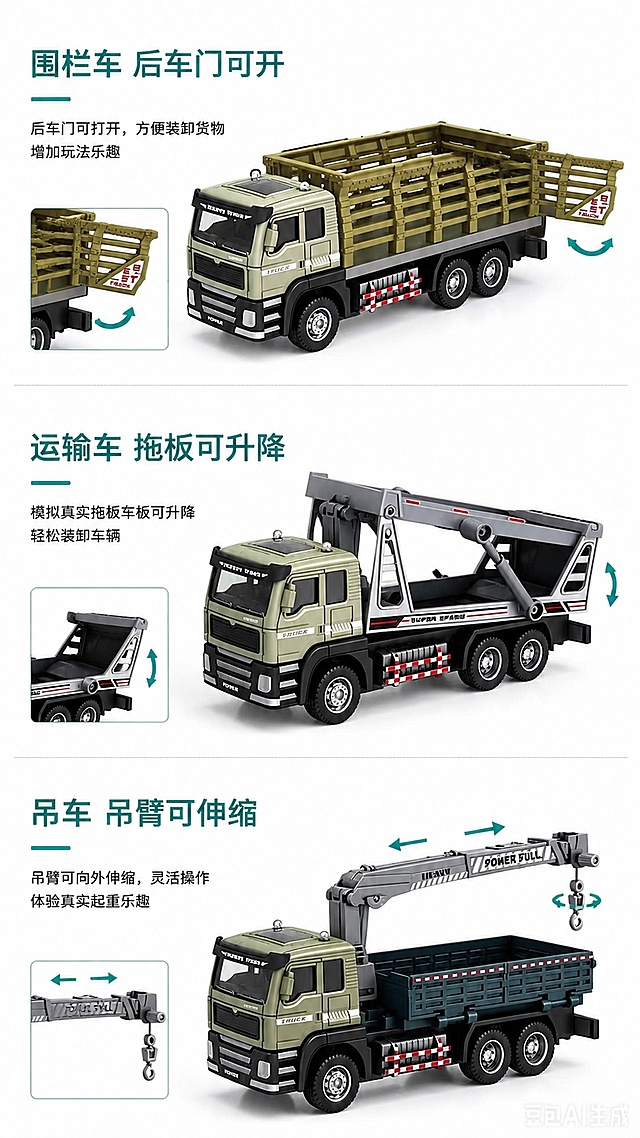 「图片1」「图片1」「图片1」，生成一套详情页，商品名称为合金车头惯性车，适配拼多多平台，单图比例为9:16，需求屏数为8张。