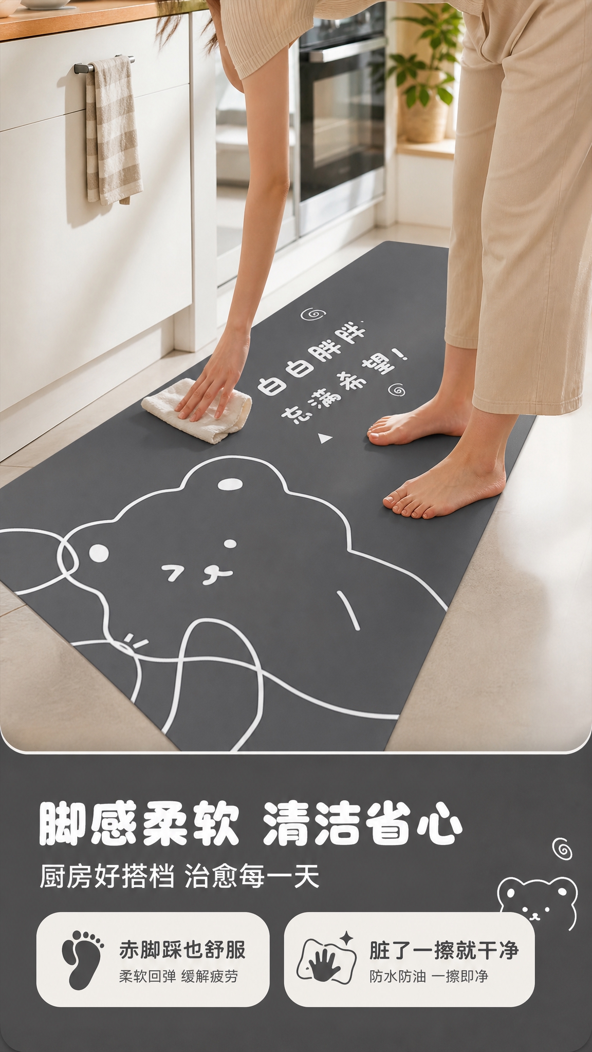 [商品] 使用【图1】卡通小熊厨房地垫长条款；保留深灰色底、白… - 图片创意预览