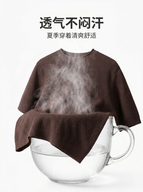 [主图-10] 透气性效果展示图
[氛围风格] 功能展示，直观易懂
[画质] 创意商业摄影，清晰有说服力
[元素] 棕色华夫格针织T恤放置在装满热水的玻璃杯上方，水蒸气透过T恤布料向上飘散，直观展示T预览效果