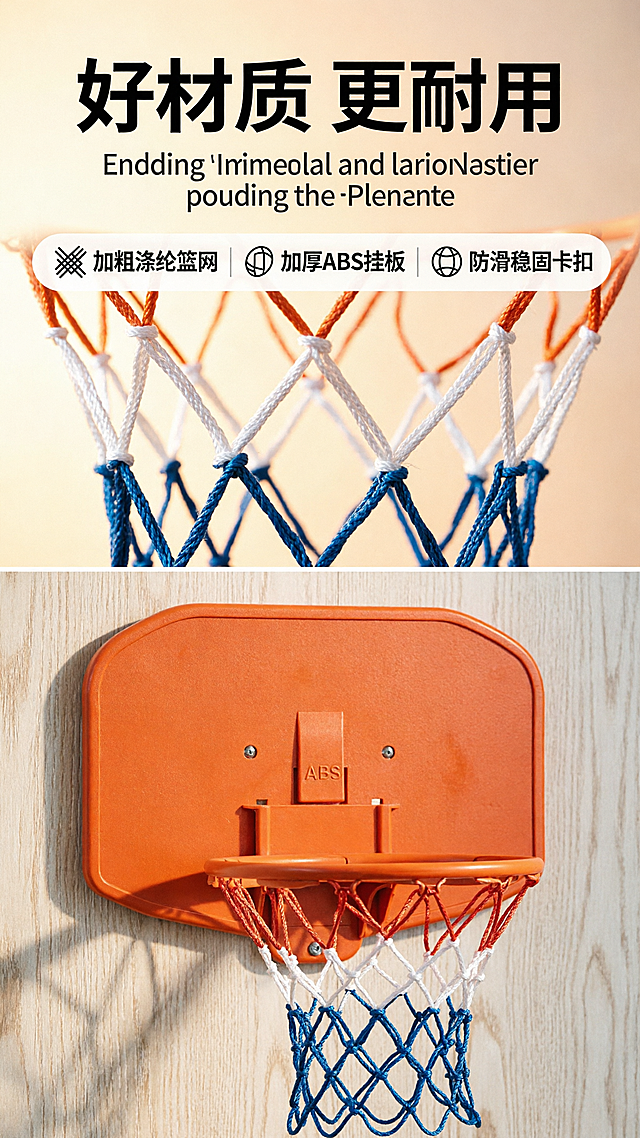 [商品] 使用【图1】橙色挂墙式迷你篮球框；保留橙色挂板、篮筐、三色篮网与整体结构；商品处理：放大材质细节，增强纹理质感，不改变结构与颜色。
[画面] 目标：材质细节微距，展示用料扎实。构图：上下分栏，上半部分篮网编织纹理微距特写，下半部分挂板与卡扣材质细节；景别：微距+近景组合；阅读动线：从上到下；前中后景：前景材质纹理，中景产品部件，后景浅暖渐变背景。
[视觉] 套系策略：风格=活力运动风商业摄影；标题字=粗黑体；正文字=简洁无衬线体；主色=活力橙；背景延展=基于活力橙做深浅层级、同色渐变与暖木色墙面质感；强调色=深海蓝，仅用于小面积图标、引线和标签；标题色=深炭灰；正文色=中暖灰；组件=圆角信息卡、细线引线、运动风图标；光影=左前侧暖柔光，突出材质纹理。
[文字] 顶部主标题"好材质 更耐用"，3个材质卖点配图标：加粗涤纶篮网 / 加厚ABS挂板 / 防滑稳固卡扣；文字全部横向排版，与对应材质区域呼应。
[规格] 图片比例9:16竖版，4K，避免变形、错字、文字过小、冷蓝灰背景、产品颜色改变、极限词。