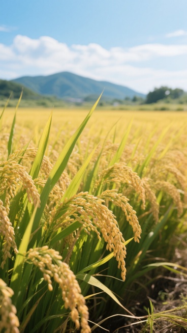 阳光下金黄饱满的成熟水稻田，稻穗低垂，稻叶翠绿带黄，微风拂过稻浪轻摆，背景是蓝天白云和远处的青山轮廓，写实摄影风格，明亮自然光线，色彩清新明快，干净简洁的田园风光，适合作为背景素材使用。预览效果