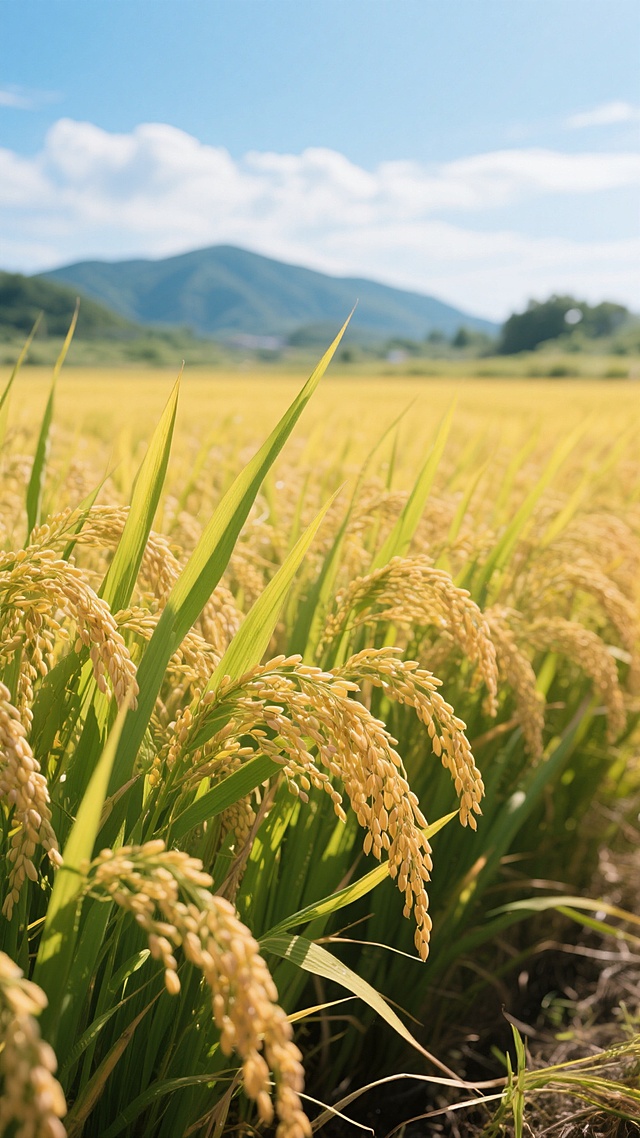 阳光下金黄饱满的成熟水稻田，稻穗低垂，稻叶翠绿带黄，微风拂过稻浪轻摆，背景是蓝天白云和远处的青山轮廓，写实摄影风格，明亮自然光线，色彩清新明快，干净简洁的田园风光，适合作为背景素材使用。