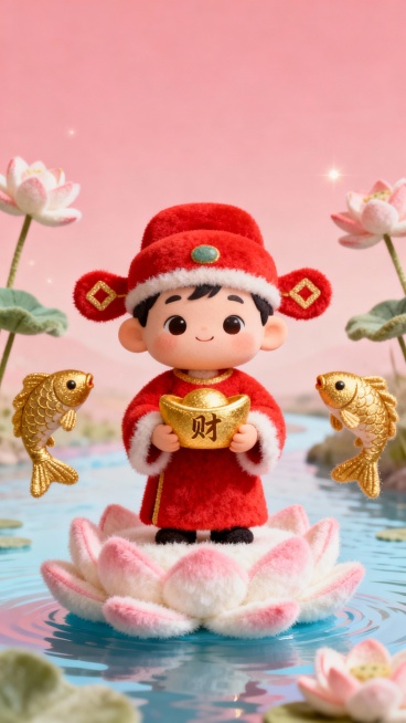 正面视角的童子，头戴红色财神帽，身穿红色长袍，站立在粉白色绒毛质感的莲花座上，莲花座漂浮在淡蓝色渐变的河水上，童子手捧刻有“财”字的金元宝，周围有两条金色绒毛质感的鲤鱼和绒毛质感的荷花，整体色调为红粉预览效果