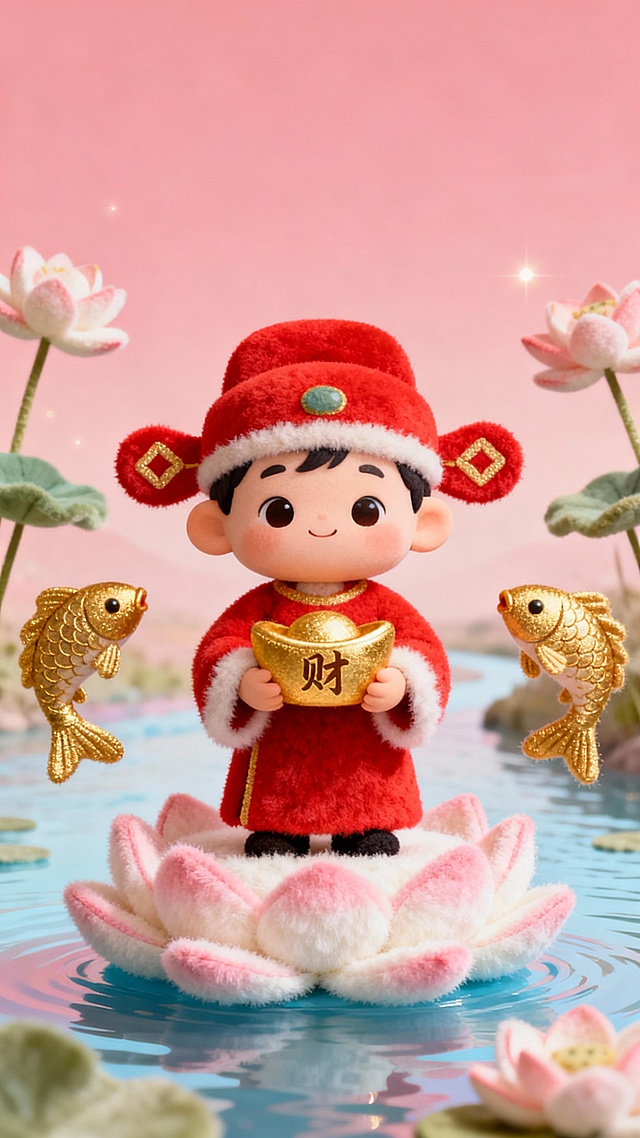 软3D风格萌趣送财童子，毛绒质感搭配金鱼与莲花，喜庆可爱，春节氛围浓厚。