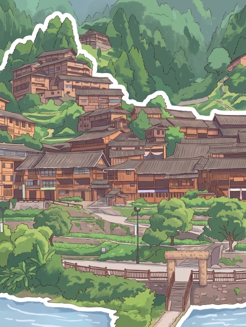 去掉图片右侧的“朗德苗寨”文字，将这张朗德苗寨风景照片转换成动漫贴纸风格，保留原有的苗寨建筑、梯田和山林构图，做成清新动漫贴纸效果预览效果