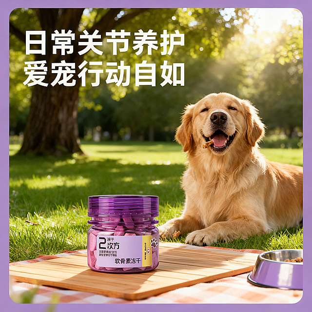 产品图：[https://gdesign-dam-hz.dancf.com/35897146661915734/bae850323abe4b5e894fd6665b2d92d8.png]，第四张淘宝主图，展示食用场景体验，活力治愈系风格。画面呈现一只可爱金毛犬开心吃软骨素冻干的温馨户外场景，紫色瓶装产品放在前景木质野餐垫上，旁边有宠物食盆，背景是树荫下的绿色草坪，阳光斑驳洒落，氛围轻松休闲。主标题文案 "日常关节养护 爱宠行动自如"，画面排版和谐，产品主体突出，自然光影氛围，没有价格信息，背景全屏无边框，产品外观与原图保持一致。