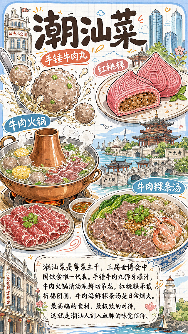 竖版9:16插画海报，采用参考图的手绘卡通平涂风格，清新简约钢笔线条，浅蓝+米白网格纸张背景，柔和清爽的马卡龙暖调色彩；画面顶部用粗体可爱手写字体书写标题“潮汕菜”；画面包含指定美食：手锤牛肉丸、红桃粿、牛肉火锅、牛肉粿条汤，其中牛肉火锅参考潮汕清汤牛肉锅样式，锅内有鲜切牛肉、手打牛肉丸、玉米等食材；每种美食旁搭配圆润圆角标签标注名称；背景融入简约手绘潮汕地标元素；画面底部放置一段手写风格正文文案：“潮汕菜是粤菜主干，三届世博会中国饮食唯一代表。手锤牛肉丸弹牙爆汁，牛肉火锅清汤涮鲜切吊龙，红桃粿承载祈福团圆，牛肉海鲜粿条汤是日常烟火。最高端的食材，最极致的对待，这就是潮汕人刻入血脉的味觉信仰。”；整体构图错落活泼，线条干净流畅，色彩明快治愈，高清8K，适合美食文创海报
