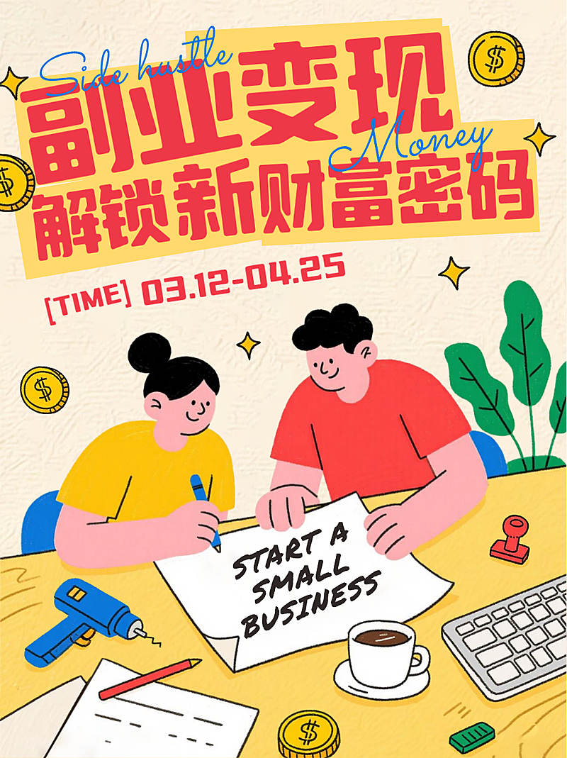 黄色卡通风趣副业变现入门解读财富密码小红书封面