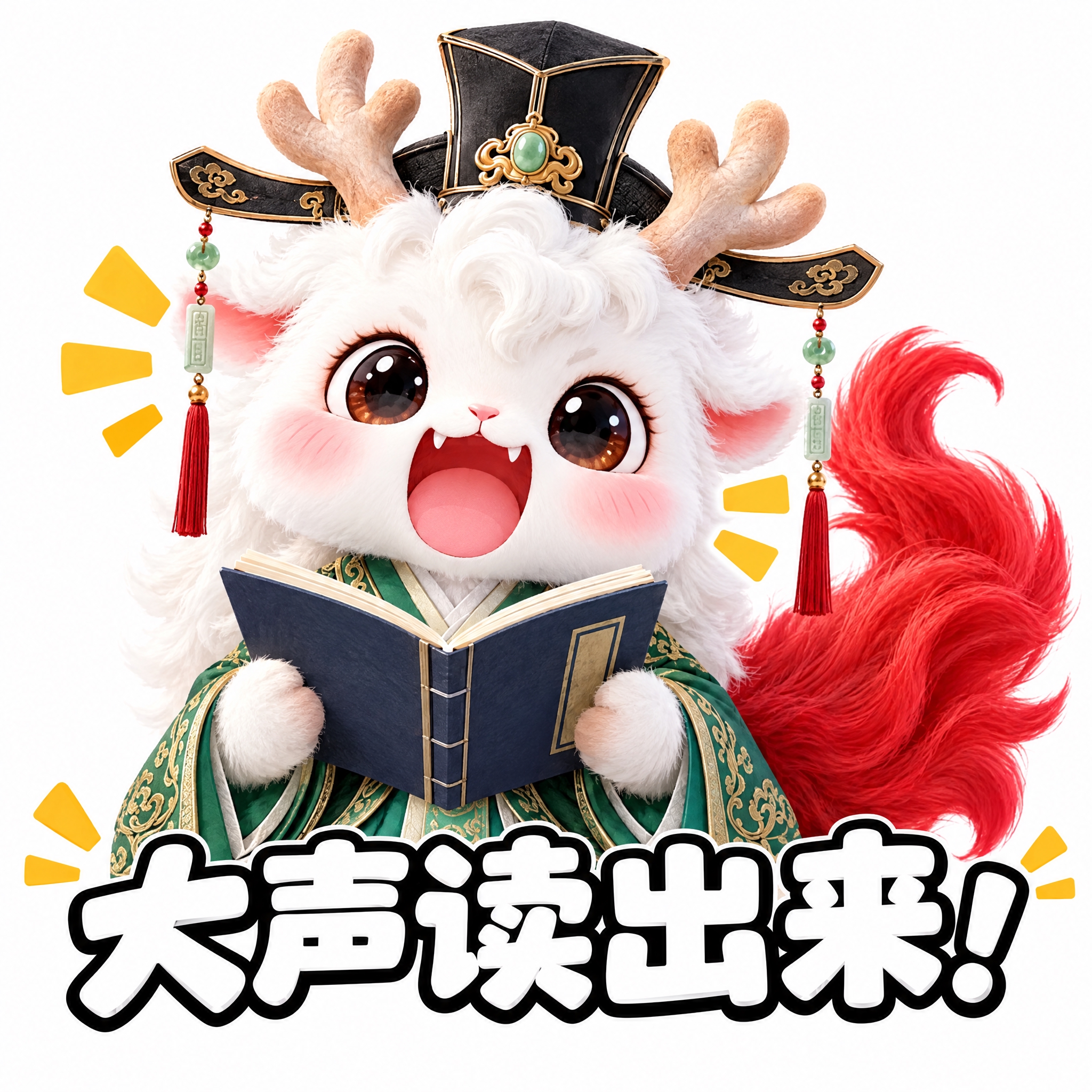 参考图中的白色鹿角神兽（穿绿色汉服、戴黑色官帽、红色尾巴），做… - 图片创意预览