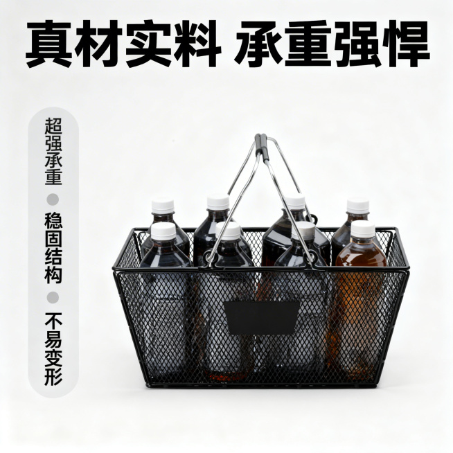 [主图 2] 核心承重卖点展示
[氛围/风格] 简约工业风，视觉冲击力强，突出产品强度
[画面元素] 基于原图金属购物篮，在篮中放置多瓶重物测试承重，展示产品结构不变形，背景浅灰色调干净通透，保持产品预览效果