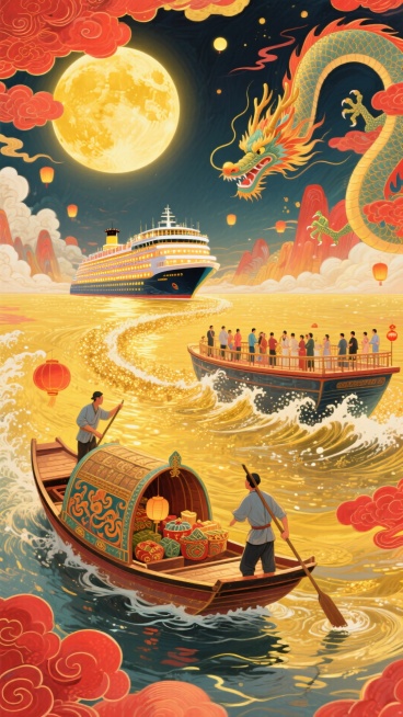 整体红金色调，热闹氛围。画面含金黄圆月，一只唐代小船（船身绘云纹，满载节日物资，唐代船工挥汗）和一艘现代豪华邮轮（甲板有中秋赏月人群、邮轮灯光璀璨），一道洒金的浪花阻隔在中间，背景是同一片金色的海，水预览效果