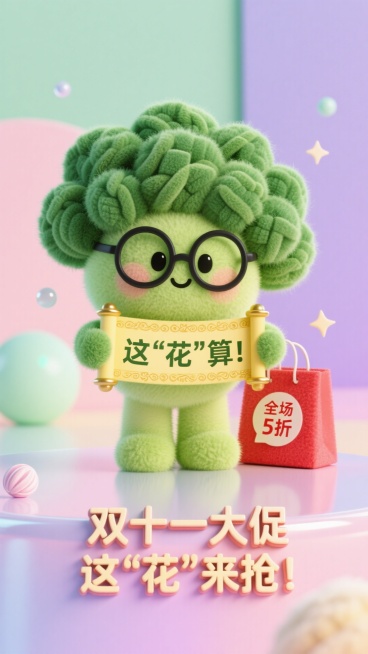 一个可爱的3D西兰花小人，戴着眼镜，手持写着“这‘花’算！”的卷轴。身旁是带有“全场5折”标签的购物袋。背景是柔和的粉彩渐变，从薄荷绿到淡粉色再到浅紫丁香色，点缀着简单的几何形状、微光气泡和细小的星星预览效果