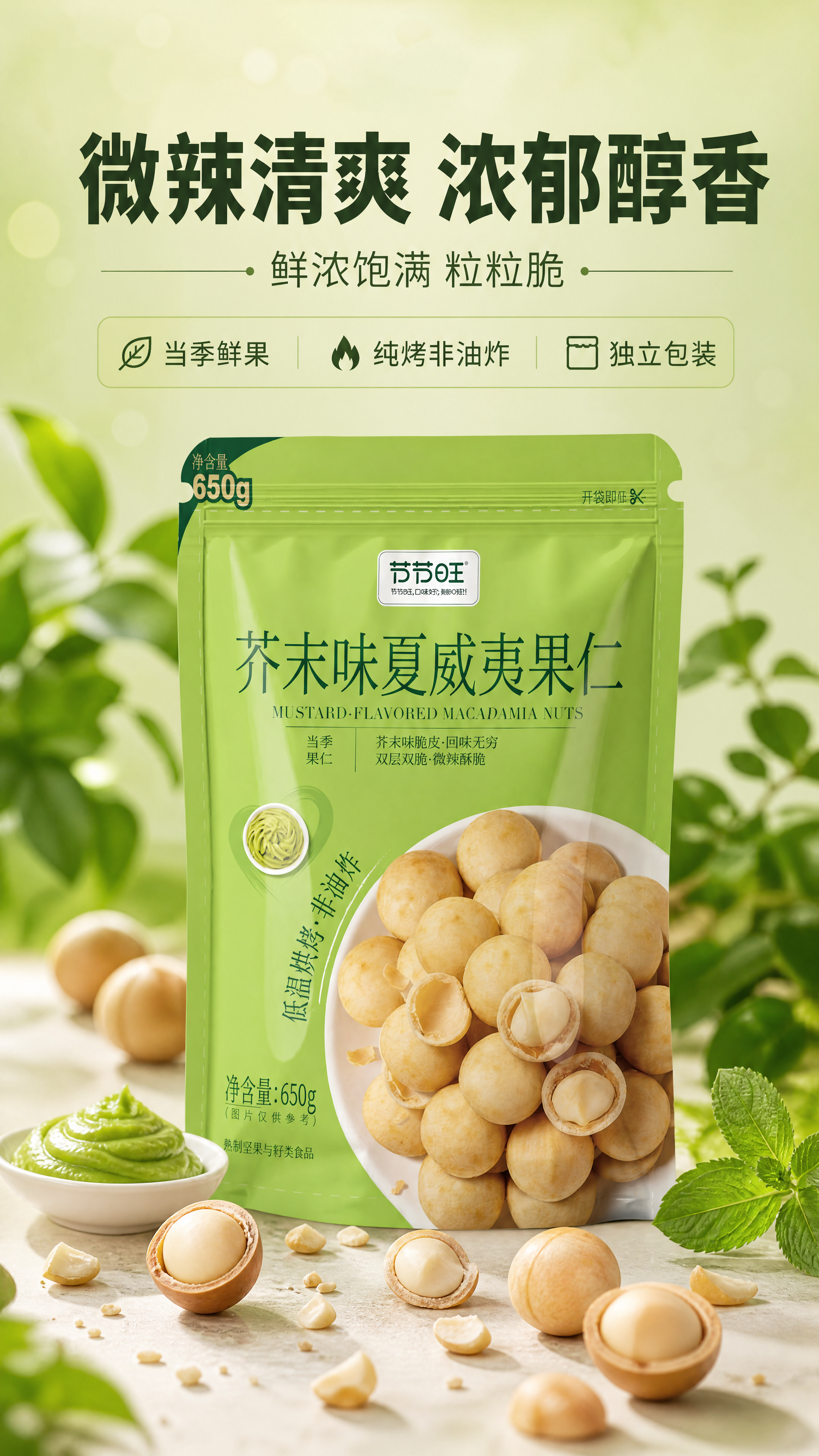 [商品] 使用【图1】节节旺芥末味夏威夷果仁绿色外袋包装；保留… - 图片创意预览