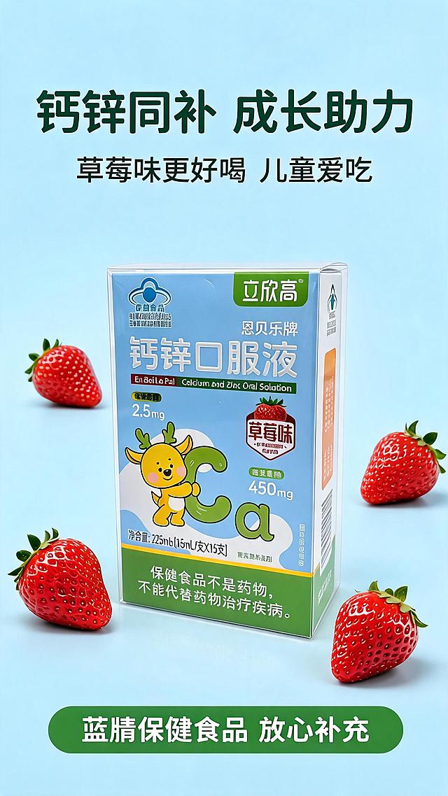 [第1屏] 详情页头图-立欣高恩贝乐牌钙锌口服液草莓味产品宣传海报。本屏使用【图1】作为商品主体。
[氛围/风格] 清新活泼母婴风，浅蓝柔和背景，清爽商业摄影质感，温馨有亲和力。
[元素布局] 产品包装盒置于画面中央偏下位置，占比约70%；顶部留主标题区，底部点缀草莓元素装饰；产品包装结构、颜色、图案与输入产品图完全保持一致。周围搭配新鲜草莓元素衬托风味，整体层次分明。
[光影质感] 顶部柔光照明，底部自然柔和投影，包装盒表面保留清晰光泽感，整体明亮通透。
[配色色系] 全局底色 #F0F8FF；主色浅蓝清新调；辅助色绿色品牌标识、红色草莓点缀。
[视角构图] 正面平视，产品为绝对视觉中心，阅读动线从上到下流畅自然。
[文字版式] 版式为顶部标题 + 中部产品 + 底部信息条。主标题「钙锌同补 成长助力」，副标题「草莓味更好喝 儿童爱吃」，圆角黑体标题字居中对齐，文字清晰不遮挡产品主体。底部信息标注「蓝帽保健食品 放心补充」。
[比例分辨率] 9:16竖版比例，2K分辨率，文字清晰可辨，高清画质。
[负向提示词] 产品变形，缺件错件，颜色偏差，包装文字错乱，水印，文字过小，背景杂乱