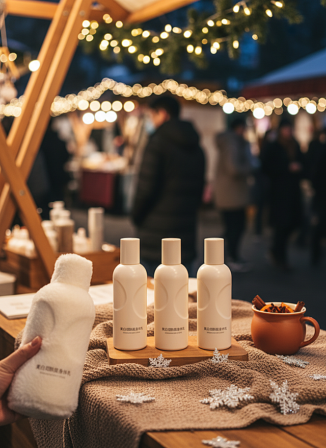 写实摄影风格。主视觉是 3 瓶图示商品。左下方伸出一只手举着毛绒质感的同款商品（复刻瓶身纹路，毛绒蓬松）。场景是市集暖光摊位，木质展台铺浅棕针织布，摆热红酒罐与银箔雪花装饰，背景是亮串灯的摊位群、行人裹厚衣的模糊身影，暖光裹着冬日市集烟火气，营销感十足。