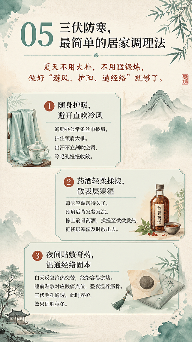 一张雅致新中式风格的公众号图文海报，竖版9:16，米白色宣纸质感底色，轻古风。顶部标题"05 三伏防寒，最简单的居家调理法"，细宋体深墨色，序号"05"青绿色大号。引言文字："夏天不用大补，不用猛锻炼，做好'避风、护阳、通经络'就够了。" 楷体赭石色，位于标题下方。下方是三个错落排列的圆角卡片，每个卡片对应一个方法：卡片一（偏左上）：标题"① 随身护暖，避开直吹冷风"，正文"通勤办公常备丝巾披肩，护住颈肩大椎。出汗不立刻吹空调，等毛孔慢慢收敛。" 卡片二（居中偏右）：标题"② 药酒轻柔揉搓，散表层寒湿"，正文"每天空调房待久了，颈肩后背发紧发凉。擦上筋骨药酒，揉搓至微微发热，把浅层寒湿及时散出去。" 卡片三（偏下）：标题"③ 夜间贴敷膏药，温通经络固本"，正文"白天反复冷热交替，经络容易淤堵。睡前贴敷对应酸痛点位，整夜温养筋骨。三伏毛孔通透，此时养护，效果远胜秋冬。" 三张卡片用浅青绿色边框和淡底色区分，序号用赭石色圆圈标注。画面有水墨晕染装饰边角。整体配色米白+青绿+赭石+深墨，版式精美，层次分明。画面中所有文字必须清晰可读，内容完整准确。