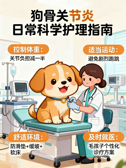 宠物科普图文海报，标题为狗骨关节炎日常科学护理指南，包含四个要点文案："控制体重：关节负担减一半" "适当运动：避免剧烈跑跳" "舒适环境：防滑垫+缓坡+软床" "及时就医：毛孩子个性化诊疗方案"，温预览效果