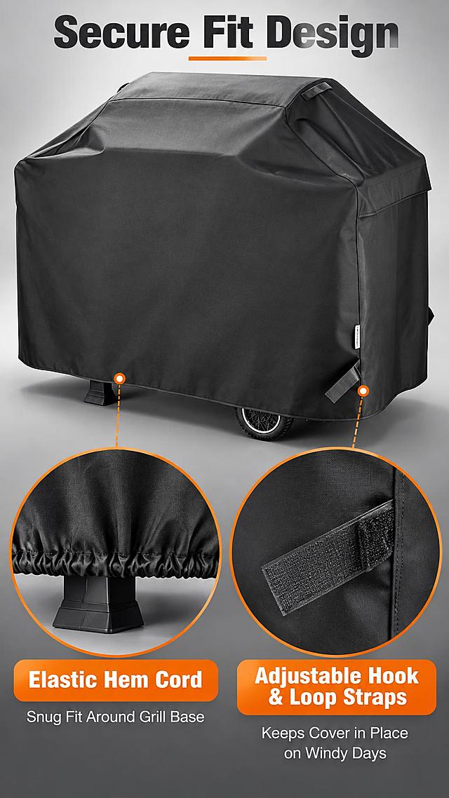 [主图-4] 烧烤罩 Grill Cover 细节结构展示图，突出防风固定设计。
[统一基调] 亚马逊跨境风格，真实产品摄影质感，深灰色为主色调，橙色为强调色，白色文字，粗体无衬线英文字体，整体专业可信。
[画面] 黑色烧烤罩覆盖在烤架上，偏侧面视角，重点展示底部和侧面的固定结构。画面分为上下两个区域：上方展示整体侧面外观，下方用两个圆形放大框分别展示底部松紧带收口设计和侧面魔术贴绑带设计。主体占画面约65%。浅灰色渐变背景。
[光影质感] 影棚柔光，细节处有额外补光突出结构，布料纹理清晰，魔术贴和松紧带的材质质感真实。
[配色] 产品黑色，背景浅灰色，标题深灰色，强调图标和标注用橙色，文字白色或深灰色。
[文字版式] 画面顶部居中大标题粗体深灰色："Secure Fit Design"。下方两个圆形放大框，左侧放大框指向底部松紧带，上方标注："Elastic Hem Cord"，下方小字："Snug Fit Around Grill Base"。右侧放大框指向侧面魔术贴绑带，上方标注："Adjustable Hook & Loop Straps"，下方小字："Keeps Cover in Place on Windy Days"。全部英文。
[输出要求] 9:16竖版比例，细节清晰，文字标注准确，无变形、错字、模糊、水印、平台Logo。