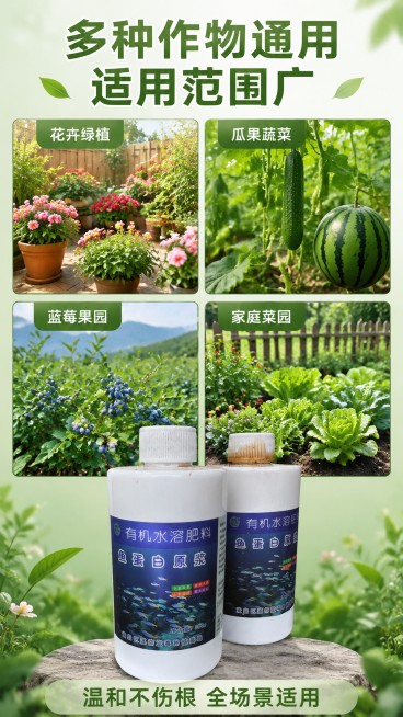 [第6屏] 多场景适用展示，花卉绿植瓜果蔬菜通用。
[氛围/风格] 场景拼贴风格，自然清新，展示多种适用场景。
[元素布局] 页面分成四块区域，分别展示：庭院花卉、室内绿植、大田瓜果、菜园蔬菜四种应用预览效果