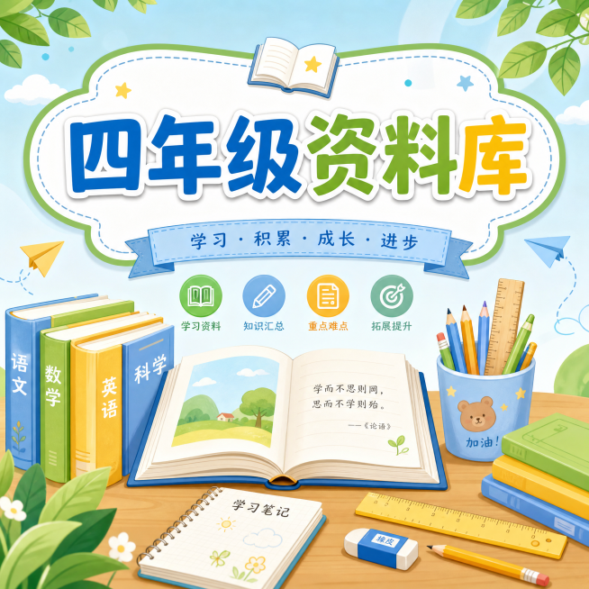 四年级学习资料库封面，包含书本、文具元素，明亮清新的风格，上方标注文字"四年级资料库"预览效果