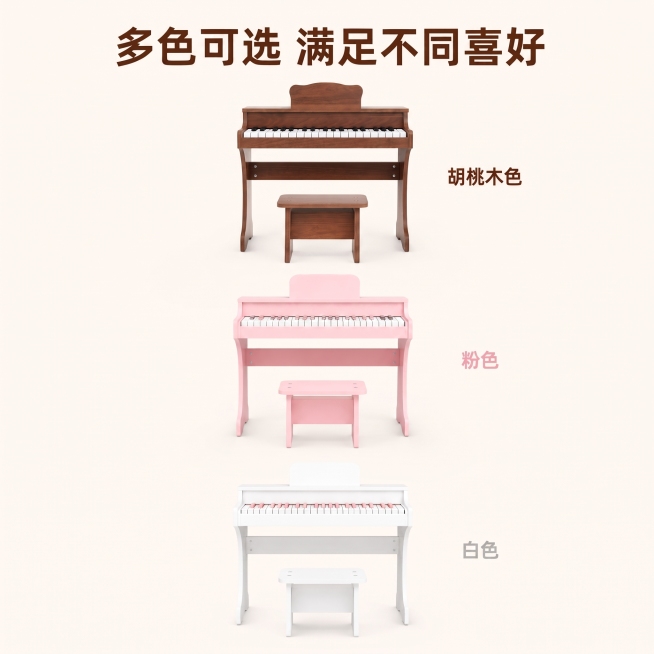 除了胡桃色款，其他两款琴键上突出的黑色部分，都改成浅粉色的预览效果