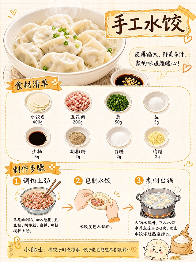 参照参考图的版式骨架和手绘食谱风格，重新设计一款手工水饺的菜谱制作步骤海报，换一个全新的色调（面粉白+暖橙黄色系，温馨家常风格，手绘插画风）。

版式严格参照参考图结构，从上到下依次为：
1. 顶部：一大碗热气腾腾的手工水饺美食实拍图，水饺饱满白胖，盛在白色汤碗里，点缀绿色葱花，旁边有一小碟醋和蒜末，右上角有手写风格标题框，写着「手工水饺」四个大字。标题下方右侧有一句描述语：「皮薄馅大，鲜美多汁，家的味道超暖心！」
2. 食材清单区：暖橙黄色丝带标签写着「食材清单」，下方8个圆形食材小图分两排排列，每个圆图下方标注食材名和克数，依次为：「水饺皮 400g」「五花肉 200g」「葱 50g」「盐 5g」「生抽 5g」「胡椒粉 2g」「白糖 2g」「鸡精 2g」
3. 制作步骤区：暖橙黄色丝带标签写着「制作步骤」，下方分3步横向排列，每步有编号+小标题+小图+说明文字：
「1. 调馅上劲」五花肉剁馅，加入葱花、盐、生抽、胡椒粉、白糖、鸡精搅拌上劲。
「2. 包制水饺」水饺皮包入馅料。
「3. 煮制出锅」大锅水烧开，下入水饺，水开点凉水2-3次，煮至水饺浮起熟透捞出。
4. 底部小贴士区：暖橙黄色便签样式，写着「小贴士：煮饺子时点凉水，饺子皮更筋道不易破哦～」，旁边配可爱的饺子或面粉小插画。

整体风格：温馨家常手绘风，面粉白+暖橙黄为主色调，米白色纸张质感背景，格子纹理，可爱手写字体，排版精美，所有文字清晰可读。

画面中必须完整呈现以下文字信息：手工水饺、皮薄馅大，鲜美多汁，家的味道超暖心！、食材清单、水饺皮400g、五花肉200g、葱50g、盐5g、生抽5g、胡椒粉2g、白糖2g、鸡精2g、制作步骤、1.调馅上劲 五花肉剁馅，加入葱花、盐、生抽、胡椒粉、白糖、鸡精搅拌上劲。、2.包制水饺 水饺皮包入馅料。、3.煮制出锅 大锅水烧开，下入水饺，水开点凉水2-3次，煮至水饺浮起熟透捞出。、小贴士：煮饺子时点凉水，饺子皮更筋道不易破哦～
所有数字必须精确渲染，不得出现错字、漏字。