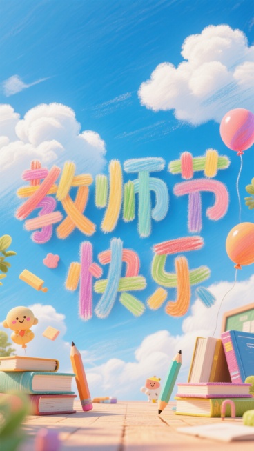 大大的彩色文字“教师节快乐”，细腻的彩铅风格，背景是蜡笔画的蓝天白云，装修一些可爱的校园元素预览效果