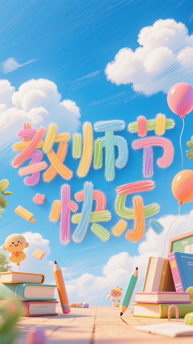 彩色可爱风格字体，老师节快乐