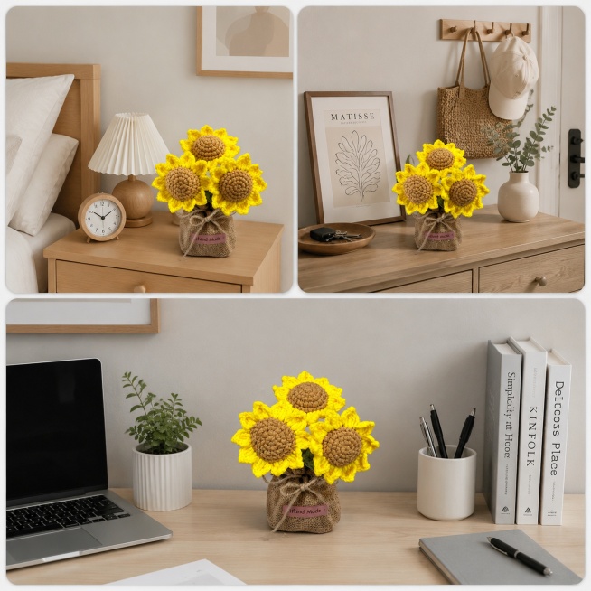 [Product 1 - Sunflower Potted] Multi-scenario adaptation. Show the crochet sunflower pot placed on b预览效果