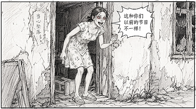 基于第一张图的李东莲，绘制她激动开口说话的分镜，台词气泡写："这和你们以前的节目不一样！"，李东莲瞪大眼睛，眼眶布满红色血丝，整体风格完全匹配第二张图的精细铅笔素描漫画分镜风格，保留人物碎花连衣裙、粉色拖鞋，场景和第二张图一致的破旧农村房屋门口