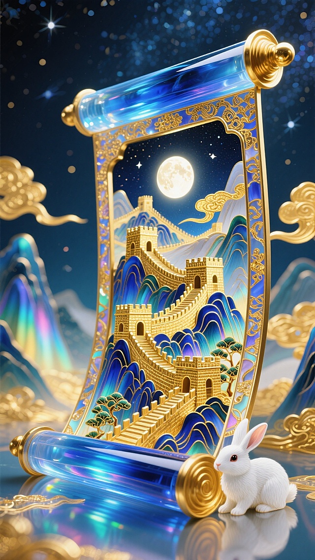 一幅展开的琉璃珐琅立体卷轴，卷轴由通透的蓝色琉璃与鎏金框架构成。画卷外部背景是群山与星空，底部是一只可爱的白色兔子。画卷内部是幻彩的琉璃珐琅微缩世界：鎏金勾勒的长城，发光明月，背景是流动的金色祥云。光线穿透琉璃卷轴，折射出璀璨的光芒，整体流光溢彩，充满质感与光辉，超现实国风。