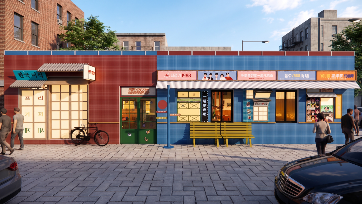 为这张烤肉店门店图添加现在真实的户外街道街景背景，保持原有烤肉店门店建筑和所有招牌文字内容不变，风格适配，自然融合，生成真实街景环境预览效果