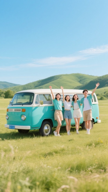 一张充满活力的旅游出行图，画面中是一辆复古的蓝绿色面包车停在开阔的郊外草地上，车旁站着四位年轻人，他们穿着休闲的夏装，姿态各异，有的举起双手，有的张开双臂，脸上洋溢着开心的笑容，背景是晴朗的蓝天和远处的绿色山丘，整体色调明亮清新，充满了青春的气息和旅行的自由感。预览效果