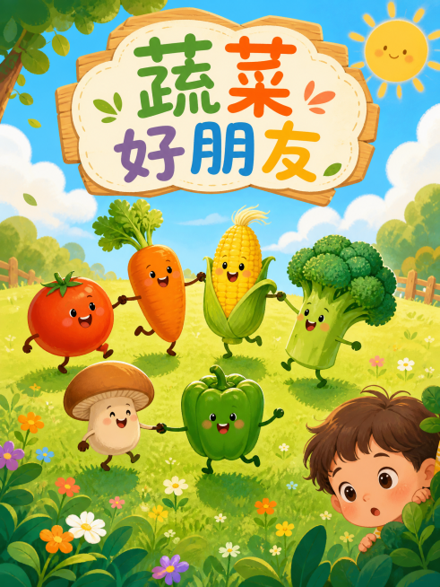 蔬菜手拉手跳舞，包含番茄、胡萝卜、玉米、西兰花、蘑菇、青椒，场景是草地，右下角有好奇的小孩探头，儿童绘本封面风格，治愈系插画，鲜艳配色，画面干净简洁预览效果