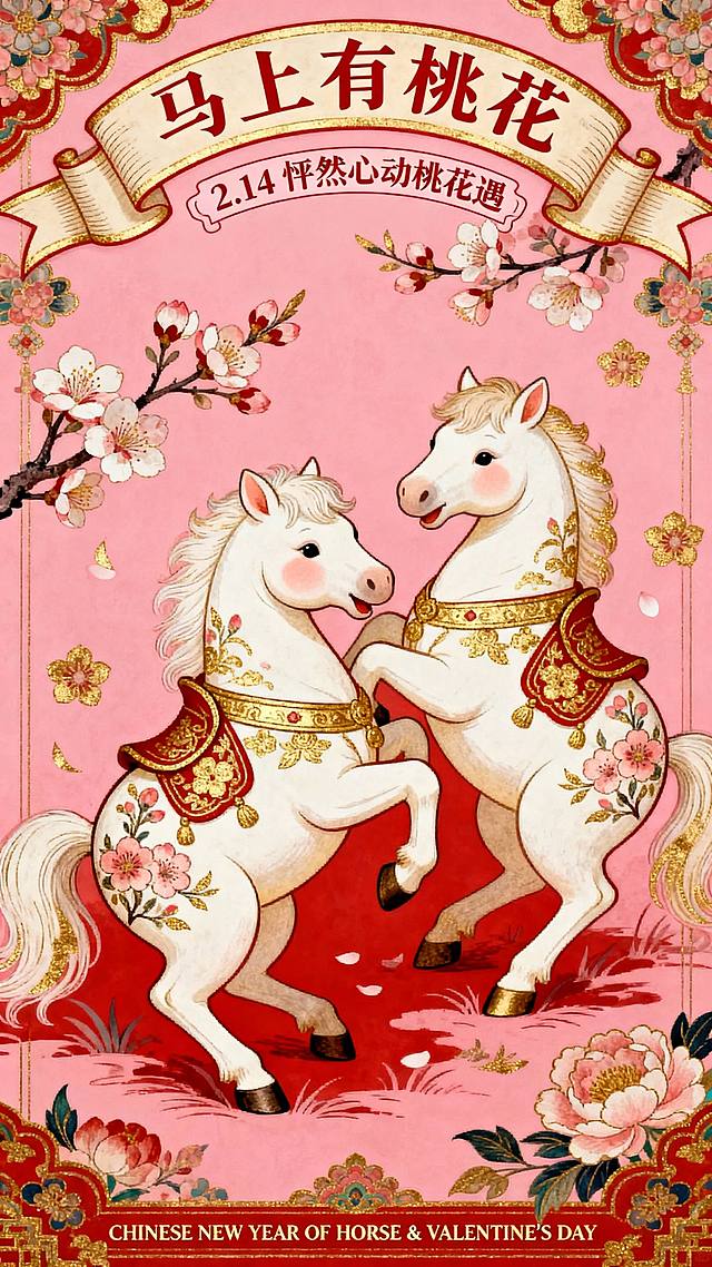 以2只胖嘟嘟的白色 唐代小马驹 玩耍的形象作为视觉中心（装饰桃花纹路的金纹和中式马鞍），强动态感构图，搭配桃花、花卉装饰元素。顶部结合桃花枝设计”马上有桃花“的弯曲变形字标题+卷轴样式线框的文案"2.14 怦然心动桃花遇，"底部设精致的小字 “CHINESE NEW YEAR OF HORSE & VALENTINE'S DAY" 。色彩以红、金为主，粉色背景。