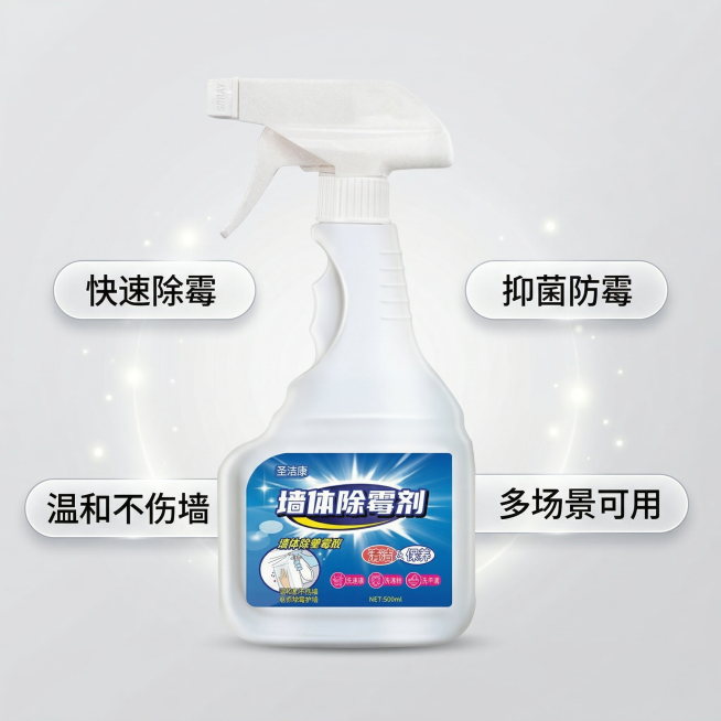 圣洁康墙体除霉剂拼多多核心卖点主图，清爽洁净风格，明亮白光。产品居中放置，周围环绕四个胶囊形卖点标签，分别标注“快速除霉”“抑菌防霉”“温和不伤墙”“多场景可用”，错落排列形成众星捧月效果，背景是干净预览效果