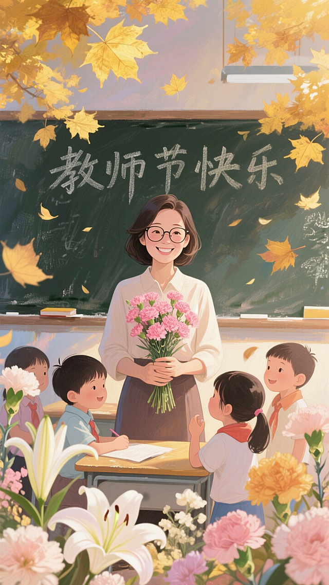 暖黄与柔粉交织的画面里，中心是戴眼镜的微笑女教师，双手捧着粉康乃馨。周围围着几个可爱的小学生，满是敬爱与亲昵。
教室背景中，黑板上面写着“教师节快乐”，金黄秋叶悠悠飘落。前景与四周点缀着百合、康乃馨等柔色鲜花，细节丰盈。
手绘插画的温暖笔触，将师生温情与秋日美好，悄然晕染开来。