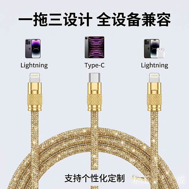 [主图 4] 兼容性适配对比主图，一拖三多功能展示。
[氛围风格] 清晰直观科技风，整体风格和整套主图统一；
[画质] 商业摄影质感，超写实渲染，画面清晰干净高级。
[元素] 数据线一拖三设计居中展示，保持产品外观和原图一致，三个不同接头清晰展示：Lightning+Type-C+Lightning，分别对应手机、平板等不同设备，左中右三栏布局，每个接头搭配对应设备小图标。保持产品真实结构颜色一致，精细化处理。占比约65%，布局宽松不拥挤。
[光影] 均匀冷光，对比清晰，金属接头反光自然，整体光影和整套统一。
[配色] 金调为主，浅灰背景，分栏浅底加深字，配色统一协调。
[视角构图] 平视图，三栏对齐构图，清晰直观。
[文字版式] 顶部主标题 “一拖三设计 全设备兼容” 加粗。每栏标注对应接口名称，底部添加 “支持个性化定制” 小字说明。文字不遮挡主体，对比清晰易读。
[比例分辨率] 1:1 比例，2k 分辨率，文字清晰锐利，超高清。
[负向提示词] 变形，水印，文字错乱，产品图模糊，背景杂乱，牛皮癣，配色刺眼，遮挡主体