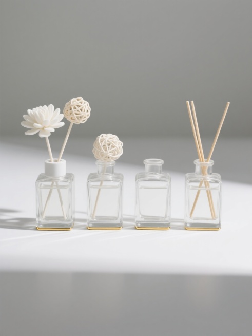 简约现代风格，四个透明方形玻璃香薰瓶规整排布，瓶身底部有金色细边框装饰，内部插有不同造型的白色香薰扩散物（如花朵状、球形编织物）和木质扩香棒，整体呈现纯净、通透的质感，置于纯白色纯色背景上，无任何文字、logo及水印，光影柔和，突出香薰瓶的简洁线条与材质细节，营造干净、雅致的视觉效果。预览效果