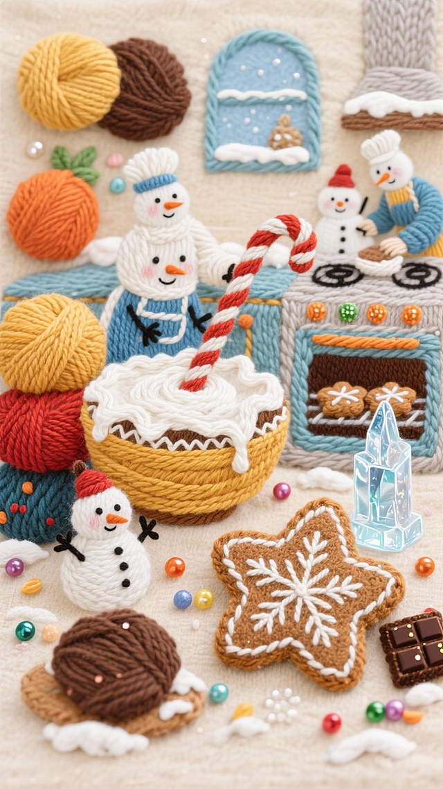 在一个全是姜饼和糖霜建成的厨房里，几个小雪人烘焙师正忙着。一个在用拐杖糖搅拌一大碗雪花糖霜，一个正用冰柱模具压出透明的“冰晶饼干”。烤箱里散发着暖光，正在烤星星形状的雪花饼干。到处散落着彩糖粒和巧克力片。