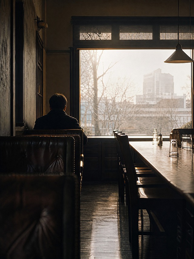 写实电影静帧，竖幅3:4。老式深色餐馆的窗边，中远景，镜头从过道略微向右看：画面左下是一排深棕皮质卡座与一位穿深色外套的成年东亚男性背影，他安静坐在最靠窗的位置；画面右侧是一张延伸到前景的深木长桌，桌面有少量玻璃杯和小瓶；尽头是一整面明亮的大矩形窗，午后暖金阳光穿进室内，窗外灰白天色。人物很小，轮廓被逆光包住，整体低饱和蓝青暗部与琥珀色高光，真实35mm电影胶片质感，静止构图，画面中无任何文字、无logo、无水印、无字幕。超高清2K画质，细节丰富。